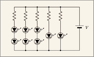 並列接続した多数のLEDのそれぞれに抵抗を直列に入れた回路図