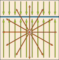 単極磁荷を中心に放射状に延びる磁場の向きと、円盤上の電荷による上下方向を向いた電場を重ねて描いた図