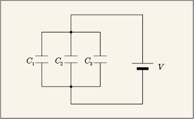 並列に接続された3つのコンデンサに電源をつないだ回路図