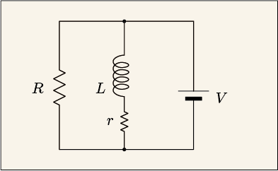 小さな抵抗とコイルを直列にしたものと大きな抵抗とを並列にして電池に接続した回路図